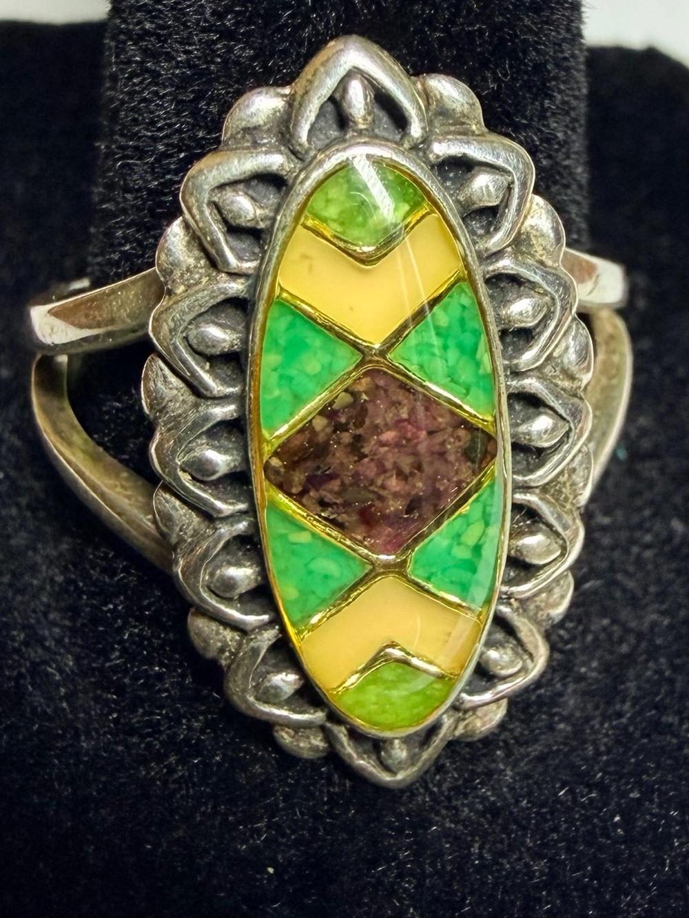 Carolyn Pollack Sterling Silver Green & Yellow Crushed Inlay Ring- Size 9